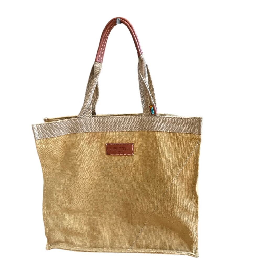 Ubuntu Life Khaki Canvas Tote Bag w Leather and Bead Trim Laptop Sleeve African